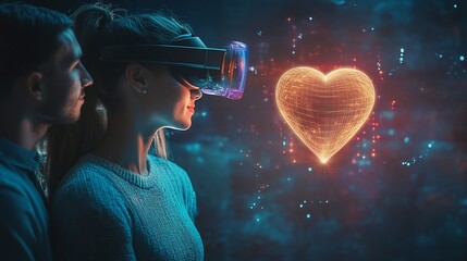 Couple Experiencing Virtual Reality with Heart Graphic Displaying Future of Love