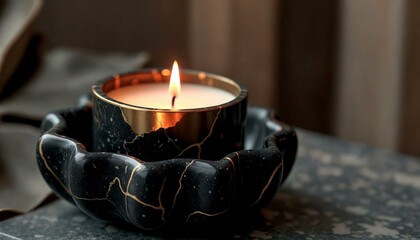 Elegant Black Marble Candle in Stone Bowl