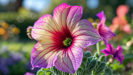 Petunia flower outdoors in a sunny garden