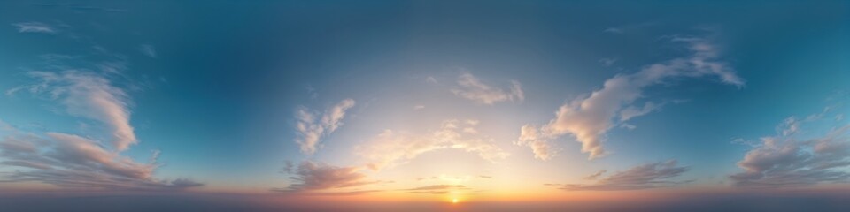 Fototapeta premium Dark blue sunset sky panorama with cirrus clouds. High-quality hdr image. Perfect for 3d game environments. Seamless sky, clouds. Suitable for aerial drone 360 panoramas. Sunset view from high