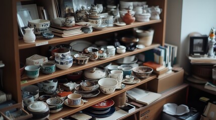 A cozy room filled with an eclectic collection of teacups and pottery on wooden shelves highlights a warm, personal, and artistic vibe.