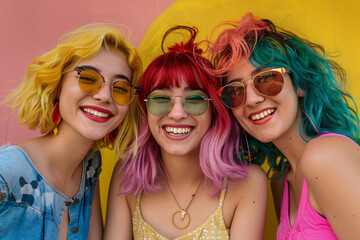 Naklejka premium Vibrant trio: fashionable friends with colorful hair