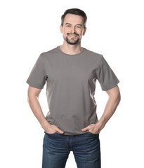 Man in blank grey t-shirt on white background. Mockup for design