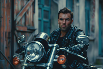 Rugged biker posing with motorcycle on urban backstreet