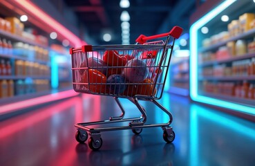 Shopping cart filled with colorful fruits, vegetables in modern supermarket. Neon lights highlight vibrant products. Modern supermarket scene. Fresh produce in shopping cart. Interior shot. Grocery