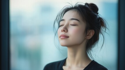 Fototapeta premium Peaceful Moment: A Woman's Serene Reflection by a Window