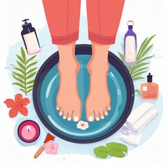 Female feet at bath with water during pedicure aroma vector flat illustration. Woman foot beauty care procedure surrounded by cosmetology tools. Hygiene spa relax process