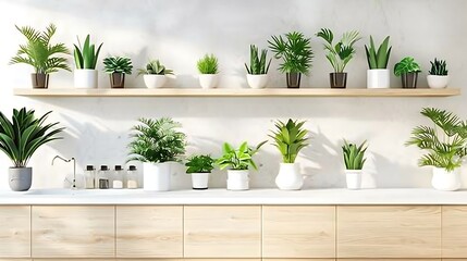 Green Plants Arranged on Shelves and Countertop