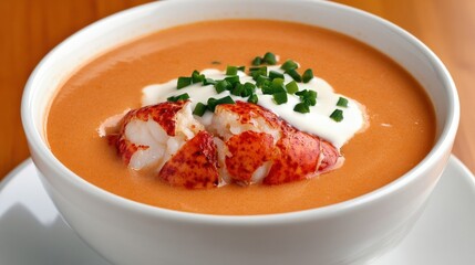 Rich lobster bisque served in a bowl, offering a creamy and flavorful taste.