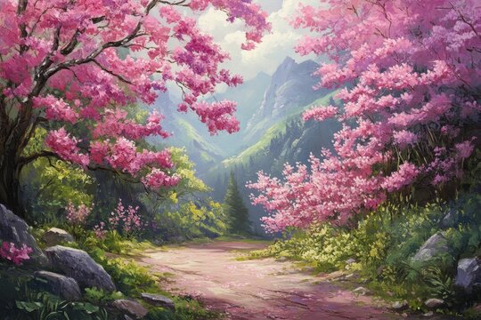Pink trees bloom along mountain trail in art style.