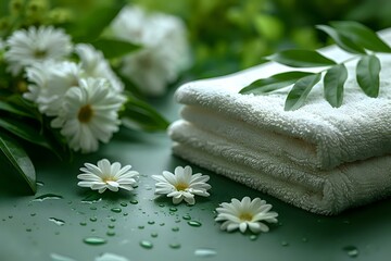Spa wellness composition with fresh white daisies, soft towels and water drops on green background, perfect for beauty, relaxation and natural therapy advertising.