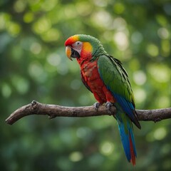 Naklejka premium A vibrant parrot perched on a thin branch, with its full body visible and a beautifully blurred green background.
