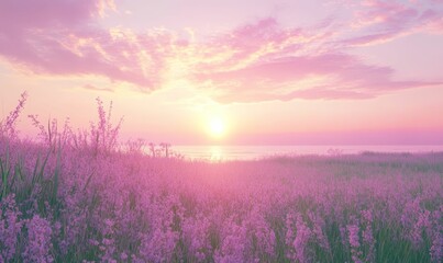 Fototapeta premium Pink flower field, sun setting over the ocean.
