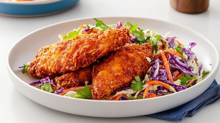 Crispy Chicken Tenders with Coleslaw - Golden-brown crispy chicken tenders served atop a vibrant coleslaw, a delicious and satisfying meal.