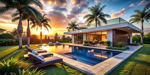 Fototapeta premium Panoramic Sunset View: Modern House, Pool, Lush Garden