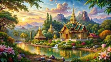 Obraz premium Panoramic Thai Painting Landscape: Vibrant Colors & Intricate Details