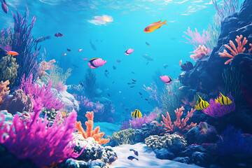 Naklejka premium A vibrant underwater scene filled with exotic fish and coral reefs. 