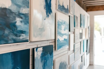 A wall adorned with abstract paintings in shades of blue and white.