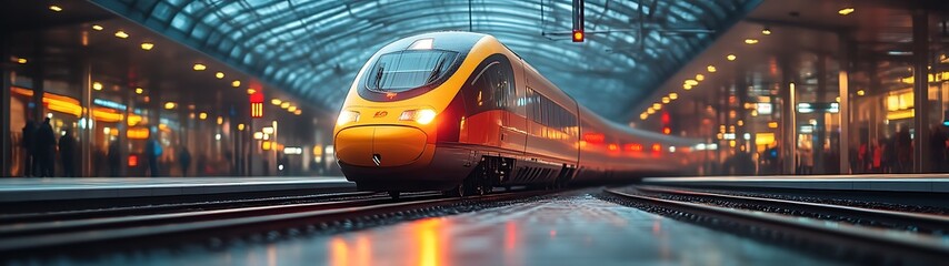 Fototapeta premium High-speed train arriving at a modern station.
