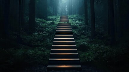 A glowing staircase in the middle of a dark forest, symbolizing the journey to mental health recovery and growth from depression