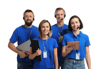 Technical support call center. Team of friendly operators on white background