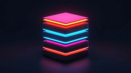 A glowing cube with vibrant neon stripes in pink and blue, set against a dark background, exuding a modern and futuristic aesthetic.