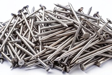 Panoramic View of Assorted Iron Nails Isolated on White Background - High-Resolution Stock Photo