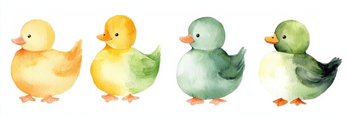 Fototapeta premium Watercolor ducklings parade serene pond artwork natural habitat close-up playfulness, isolated on white background