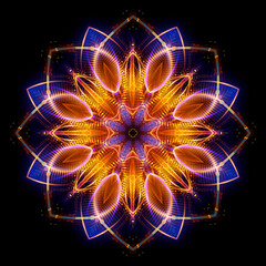 Holy vibrations of light. Spirit energy. Shining esoteric waves. .Mandala on black background. Flower spirit. Glow mehndi. flickering forms. .Colorful star. Kaleidoscope shape. Spiritual motifs