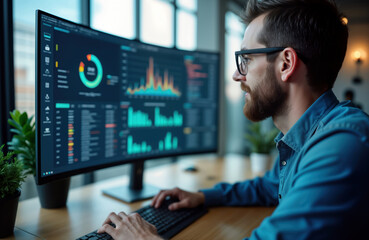 manager deeply examines system logs on large computer screen. Meticulously analyzes system performance data. Image shows detailed monitoring of network activity. Tech expert checks for issues.