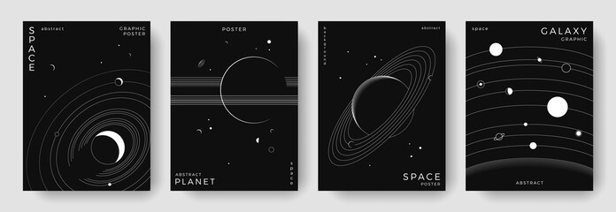 Set of abstract space astronomy backgrounds. Line art galaxy, solar system, planet, black hole. Science future concept. Cosmic minimalist design for cover, poster, layout, banner, flyer, brochure