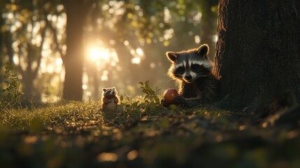 Raccoon and Mouse Friends at Sunset.