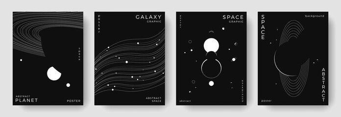 Set of abstract space astronomy backgrounds. Line art galaxy, planet, black hole, universe. Science future concept. Cosmic minimalist design for cover, poster, layout, banner, flyer, brochure © Anastasiya Stoma