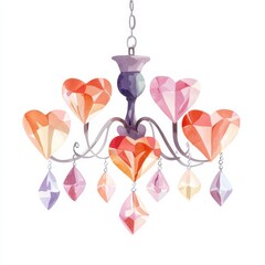Fototapeta premium Delicate watercolor chandelier with heart-shaped crystals elegant home decor artistic display indoor ambiance, isolated on white background