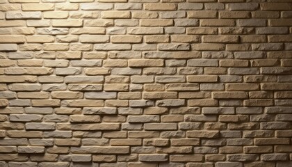 Fototapeta premium This image showcases a beautifully textured wall made of beige bricks, arranged in a staggered pattern that adds depth and character. The warm tones and subtle variations in color create a cozy