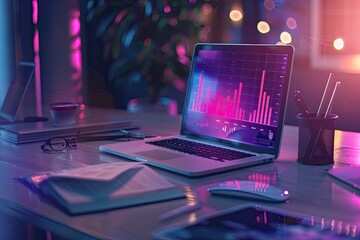 Laptop Displaying Financial Data In A Modern Office Setting