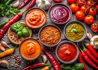 Panoramic View of Vibrant Spicy Sauce with Assorted Vegetables