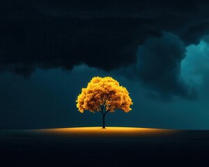 A glowing tree standing alone in a stormy field, symbolizing resilience, hope, and mental health growth through tough times