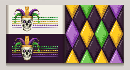 Geometric Mardi Gras pattern with rhombus Harlequin ornament. Horizontal striped label with human skull in jester harlequin hat, fleur de lis symbol, strings of beads. Vintage style © OA_Creation
