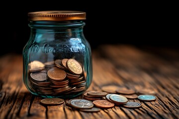 Glass jar filled with coins on wooden table.
