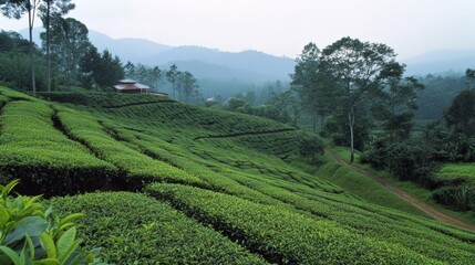 Naklejka premium Lush tea plantations stretch across rolling hills, with a distant mountain range painted in gentle mist, offering a tranquil, verdant escape.