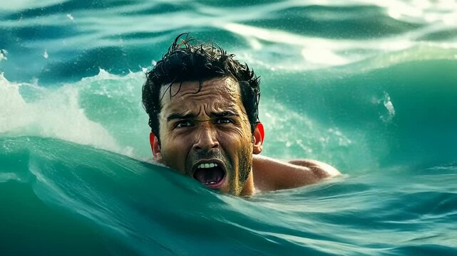 Young man swimming rough ocean waves.Person struggles turbulent sea.battling strong current daylight.'s challenge captivates swimmer.Struggle,survival natural waters.