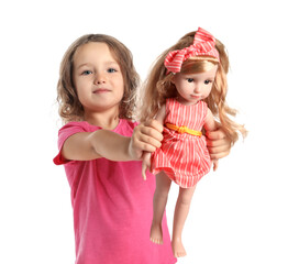 Cute little girl holding doll on white background