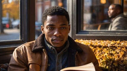 Obraz premium Engaging in a captivating story, an American man reflects on life while seated in a cozy cafe filled with autumn leaves and warm sunlight