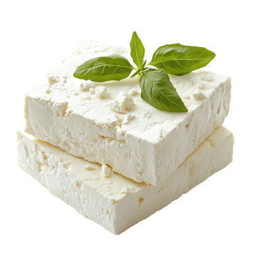 Fresh feta cheese cubes with basil leaves on white or transparent background