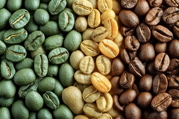 Obraz premium Green coffee beans showcase the journey from raw to roasted in a colorful display