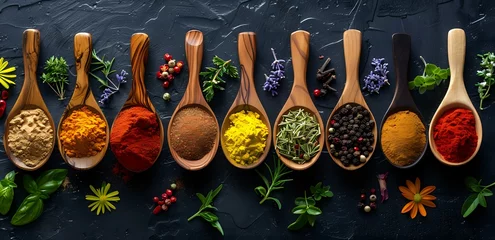 Crédence de cuisine Herbes Colorful aromatic spices and herbs in wooden spoons arranged in row on dark stone background, perfect for cooking, restaurant menu or food packaging design.  © Undersea