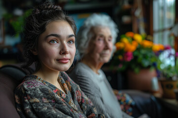 Obraz premium A woman and an older woman are sitting on a couch