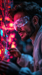 In a dynamic, high-tech lab filled with glowing interfaces and advanced robotics, a driven male scientist conducts experiments with precision and innovative energy