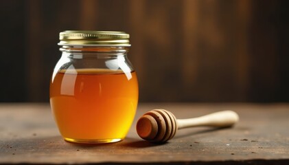 Vintage honey jar on wooden table with a metal dipper next to it, kitchenware, food storage